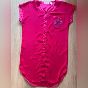 Vintage Inhibitions Magenta Satin Embroidered Sleep Shirt 90s